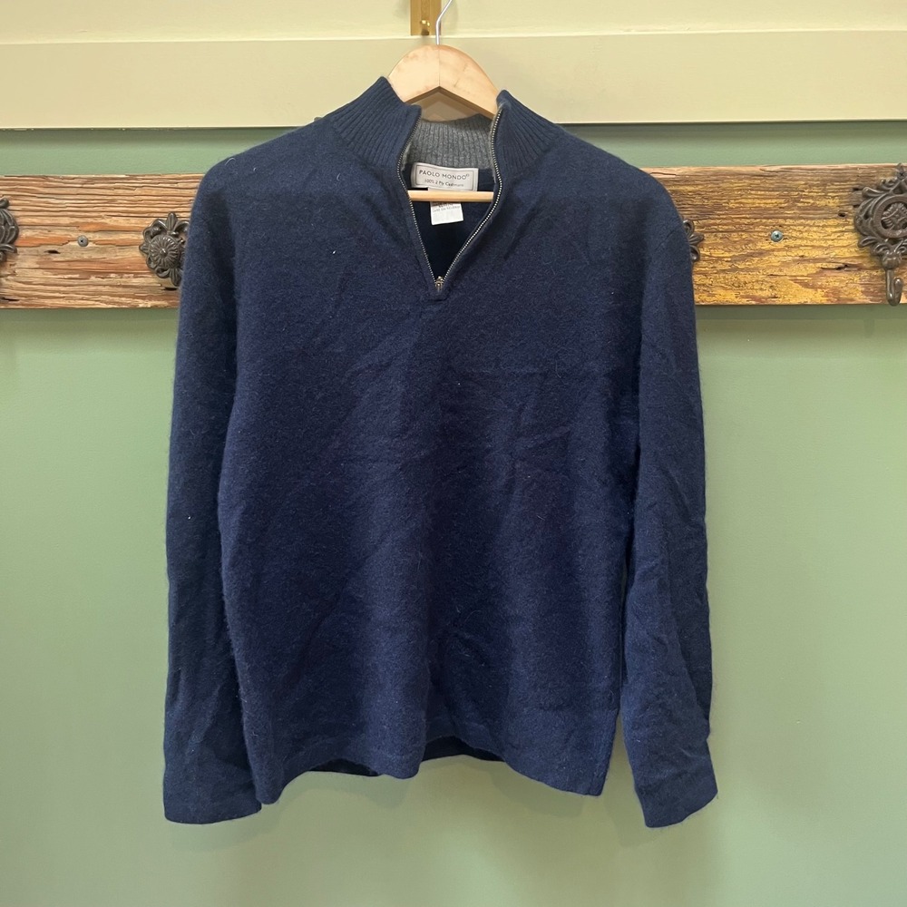 Paolo Mondo Mens Navy Blue 100% 2 Ply Cashmere Quarter Zip Sweater Small S